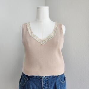 Y2K Chico’s Tan Beige Ribbed Knit Tank Top Lace Trim Stretchy Cami Size L